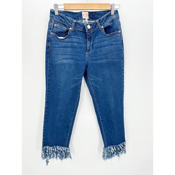 GB Womens Denim Fringe Hem Skinny Jeans Size 9 Festival Mid Rise Cropped Boho - Picture 1 of 9